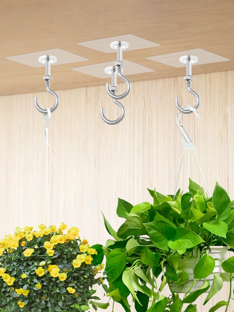 YOSINXU 4 Pack Adhesive Ceiling Hooks, 30lbs Heavy Duty Ceiling Hooks for Hanging Plants, No Drilling Wall Hook Sticky Hanger for Hanging Lights, Wind Chimes, Lantern