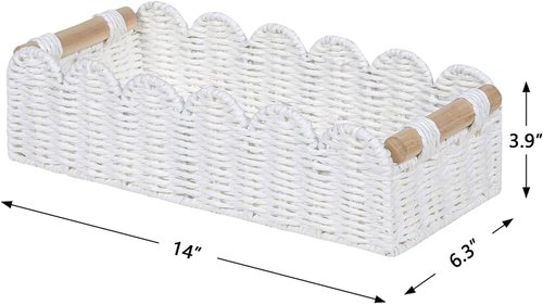 CubesLand Scalloped Edge Toilet Paper Storage Basket - Cozy Home Decor | White with 2 Wooden Handles