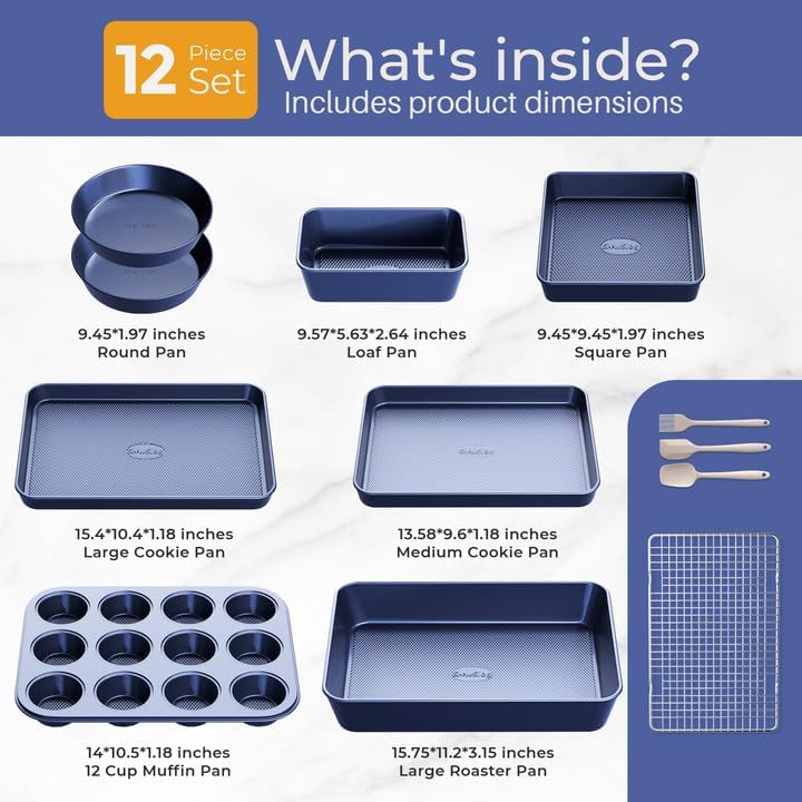 Regine Switzerland 12-Piece Nonstick Bakeware Set - Oven Safe Ceramic Coated in Blue with Essential Utensils