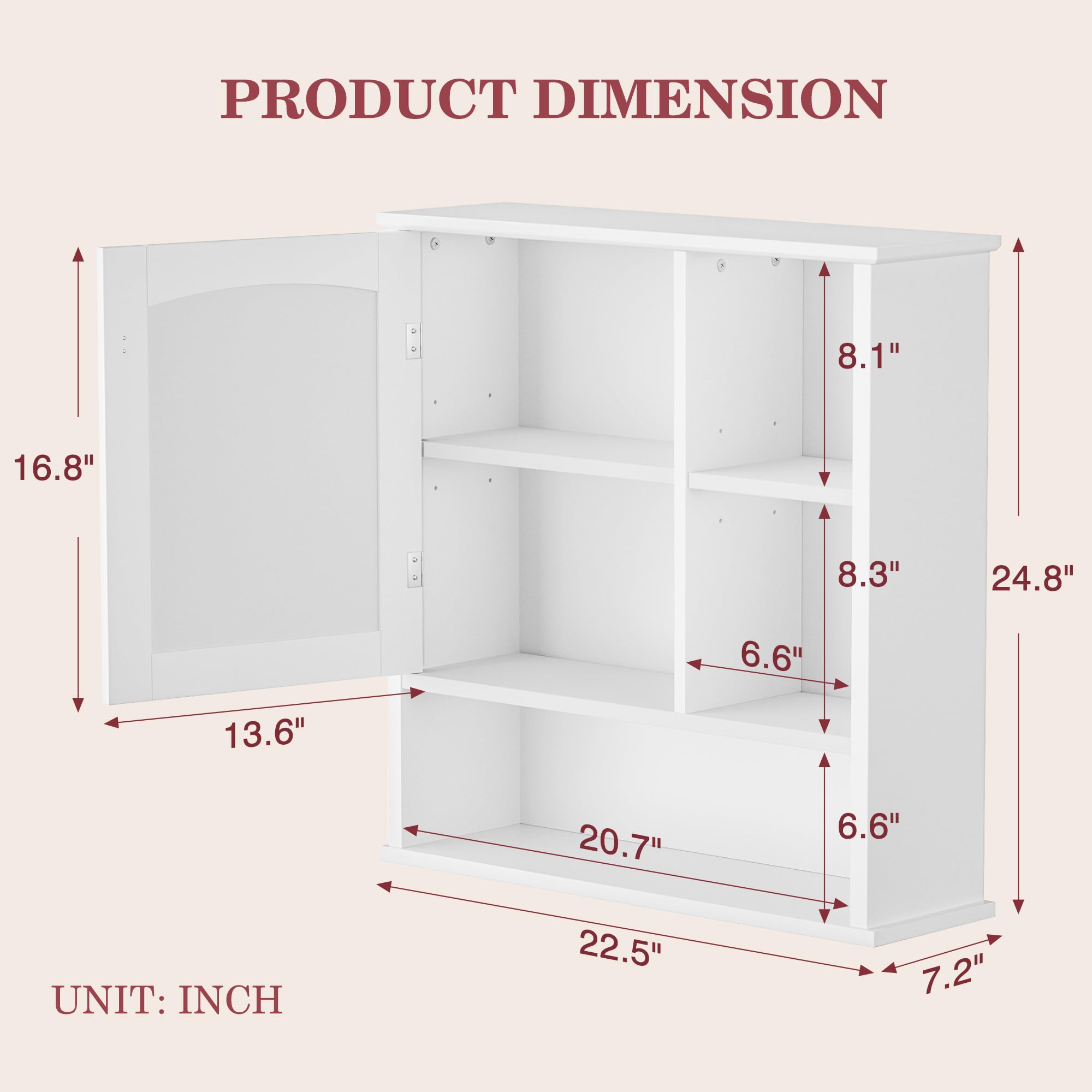 VECELO Bathroom Wall Cabinet with Mirror, Wall Mounted Medicine Cabinets with Door and 3 Open Shelves, Adjustable Shelf, 16.8 x 22.5 x 7.2 Inches, White