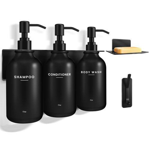 KLL Shampoo and Conditioner Dispenser Set - Wall Mounted Shower Soap Dispenser - 17oz No-Drill Refillable Plastic Pump Bottles for Bathroom - Includes Soap Dish & Hook (Black)