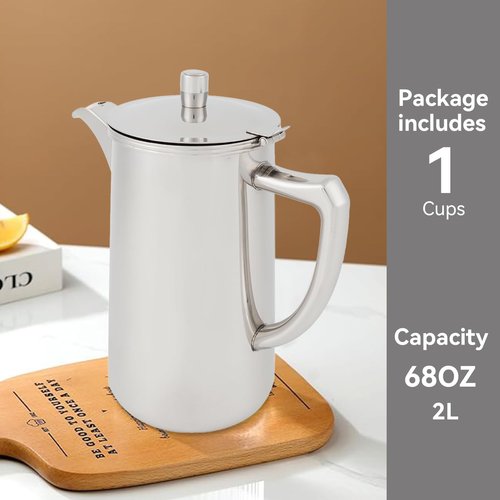 Stainless Steel Pitcher with Handle, Insulated Cold Beverage Jug Water Pitcher 60.35oz / 1.8 Liter Large Capacity Water Kettle with Lid for Hot/Cold Beverages Tea Milk Juice