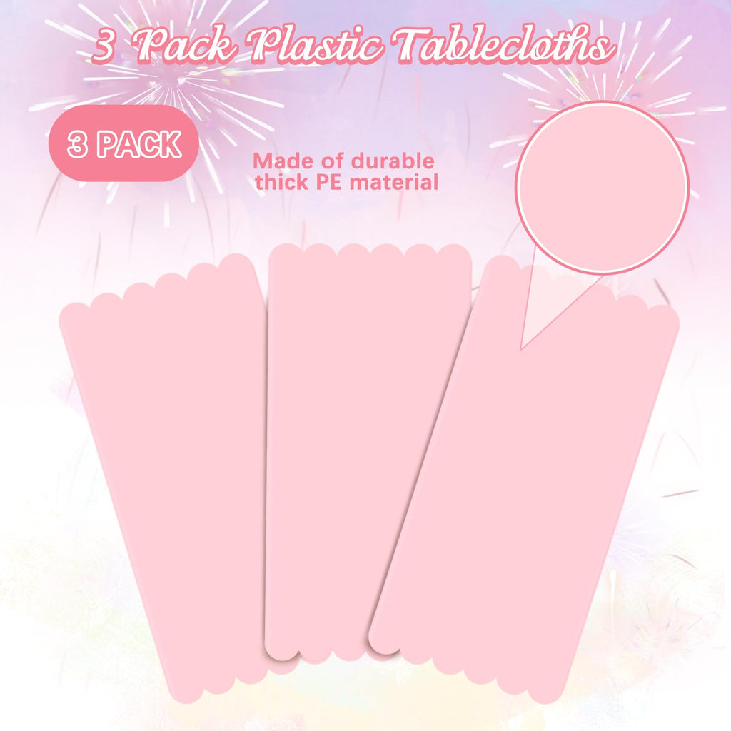 Ohkishly 3 Pack Plastic Pink Tablecloths for Rectangle Tables,Disposable Scalloped Edge Table Cloth Waterproof Pink Table Cover for Birthday Bridal Wedding Baby Shower, 54 X 108Inch