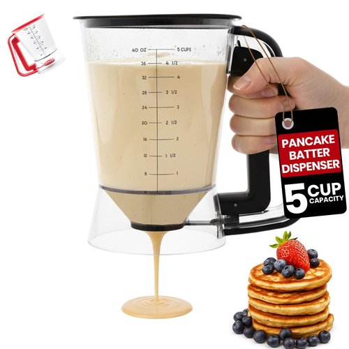 Eggssentials - Pancake Batter Dispenser with 5-Cup Capacity - Waffle Batter Dispenser for Pancakes, Cupcakes & Crepes, Easy-Squeeze Handle, Dishwasher Safe - Black Pancake Dispenser
