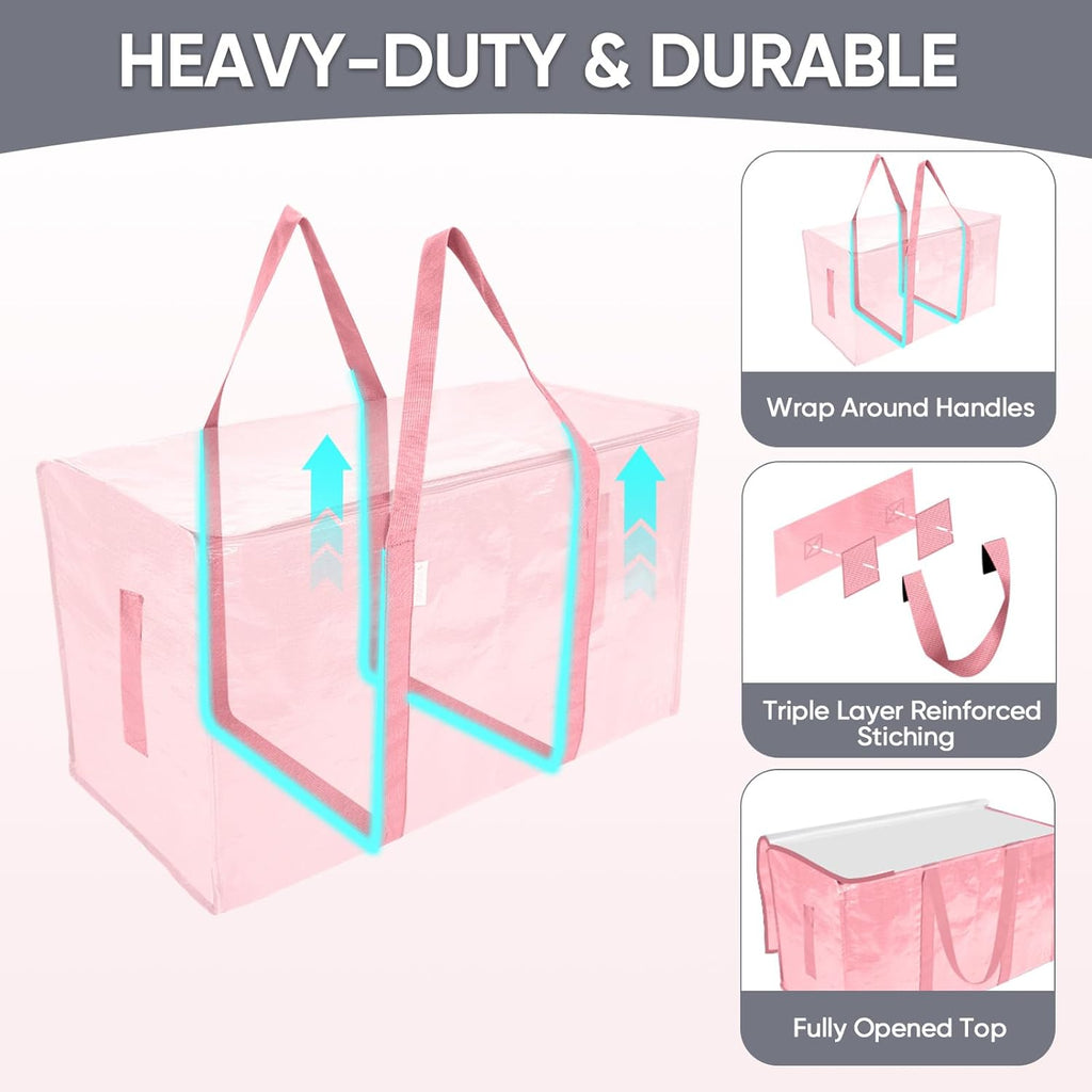 TICONN Extra Large Heavy-Duty Moving Bags - Durable Storage with Zippers & Handles | 8 Pack, Coral