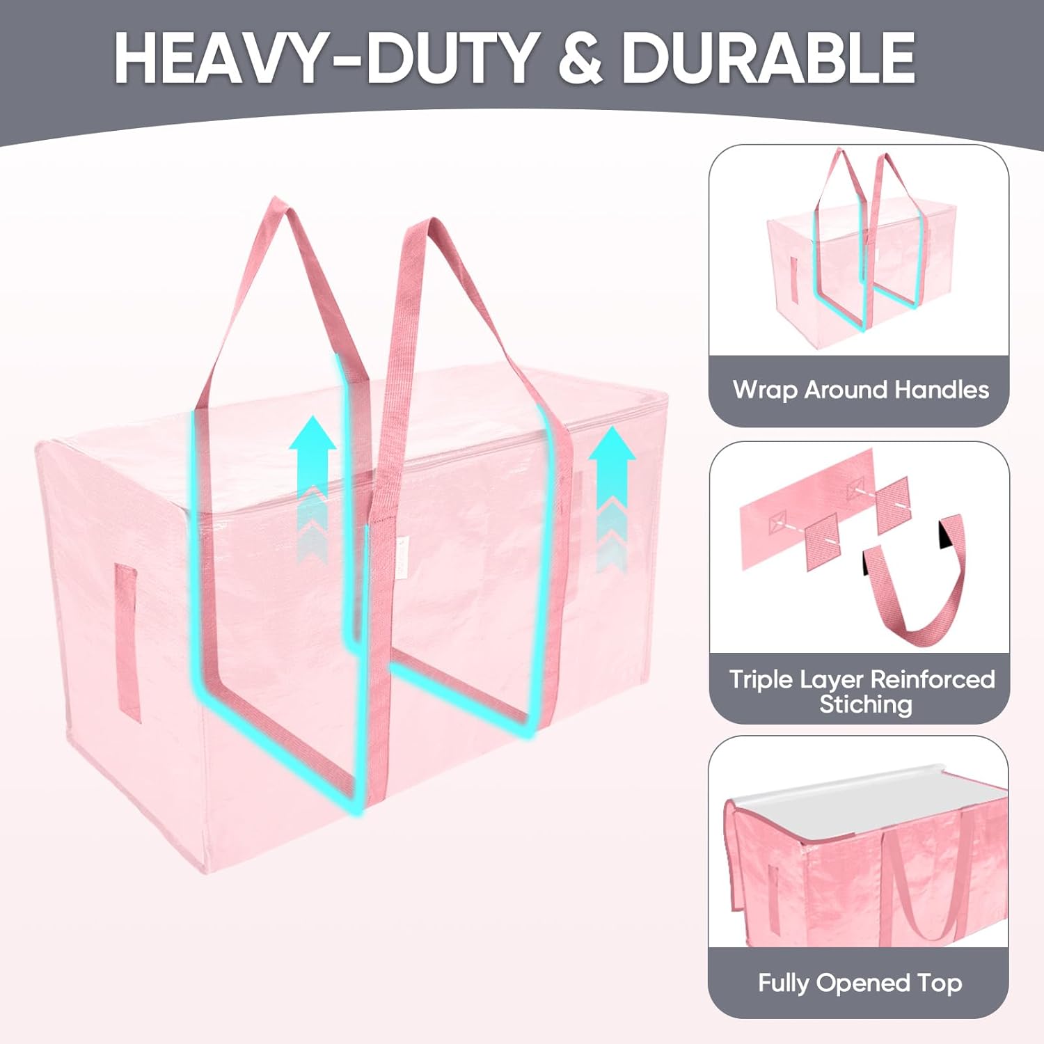 TICONN Extra Large Heavy-Duty Moving Bags - Durable Storage with Zippers & Handles | 8 Pack, Coral