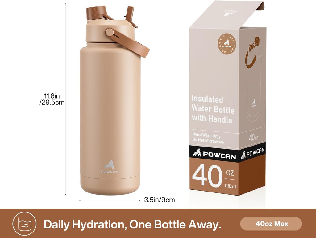 POWCAN 40 oz Insulated Water Bottle - 2-in-1 Straw & Spout Lid, Leak-Proof, BPA-Free | Mocha