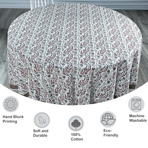 Round Cotton Tablecloth 90 Inch Coral Pink Block Print - Traditional Indian Design