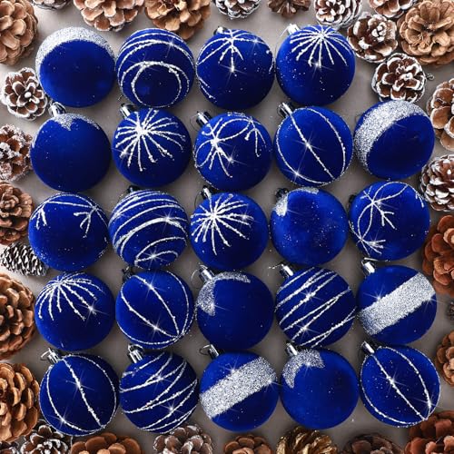24 Pcs Royal Blue Velvet Glitter Christmas Ornaments Shatterproof Balls