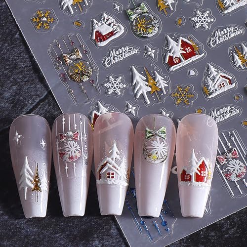 TailaiMei Christmas Nail Decals Stickers - 3 Sheets Self-Adhesive Holiday Nail Art Decorations with Snowflakes & Snowmen