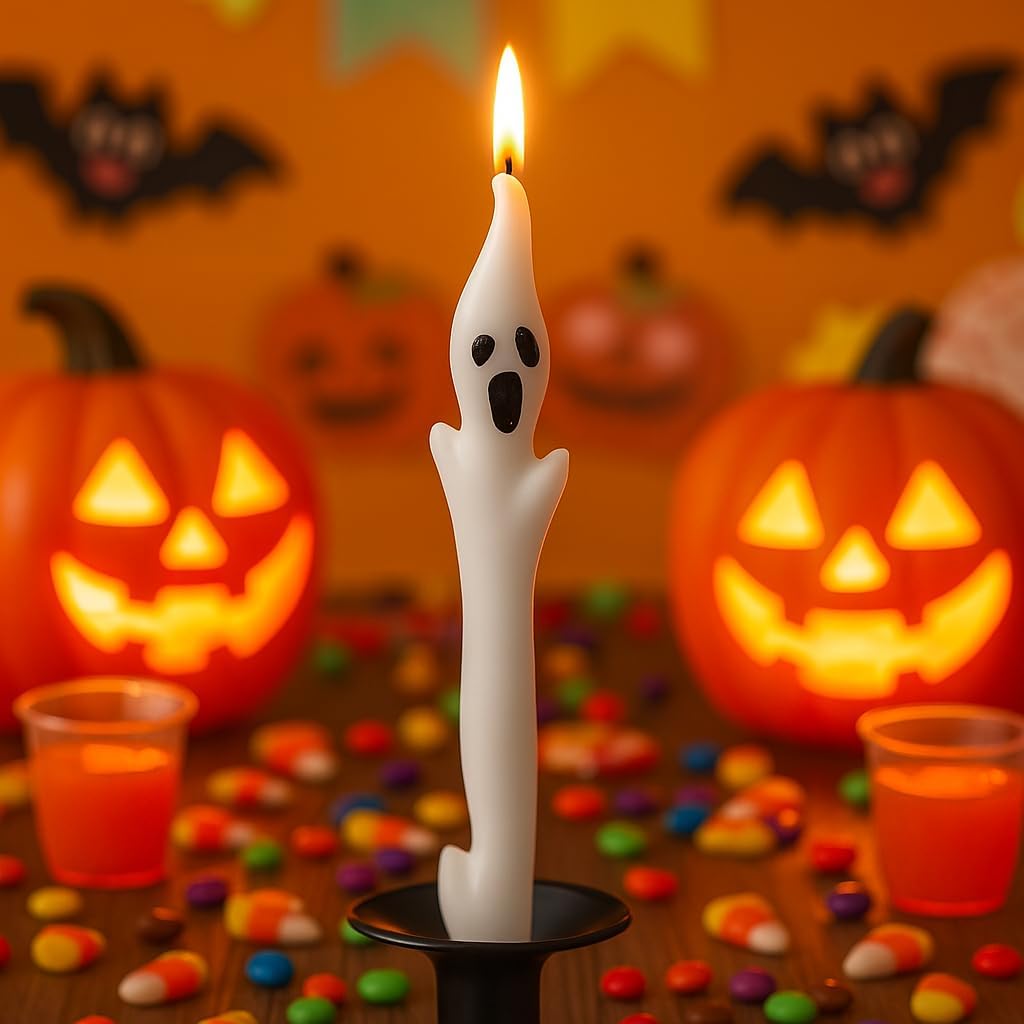 Skiennix Halloween Ghost Candles Set - Cute Spooky White Taper Candles for Haunted House Decor | 2PCS