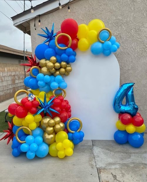 HKYOOD 161Pcs Cartoon Balloon Garland Arch Kit - Balloons with 4D Star Gold Long Balloons for Birthday Baby Shower Cartoon Carnival Circus Hedgehog Super Hero Gamer Theme Backdrop Party Decorations