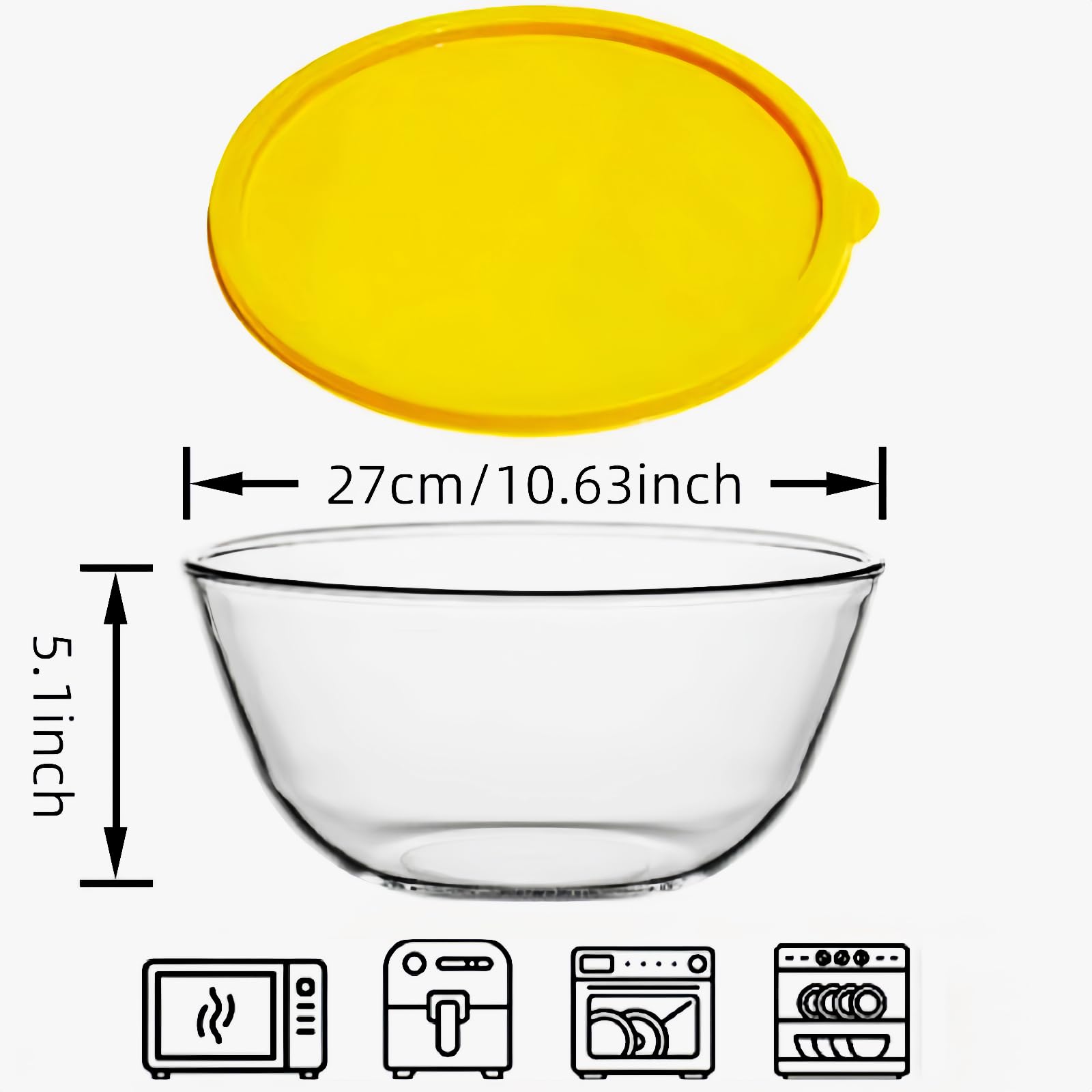 CGNWEEPS 4.7QT Large Glass Mixing Bowl with Yellow Lid, Big Salad Bowl with Lid, Large Glass Bowls for Sourdough and Kithen