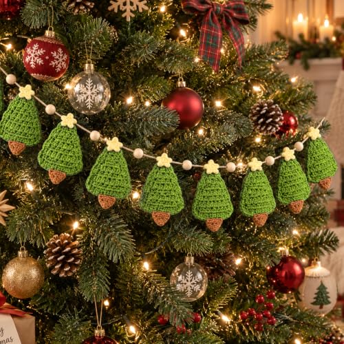 6.7ft Crochet Christmas Tree Garland with Wooden Beads and Red Bows - Rustic Holiday Decor