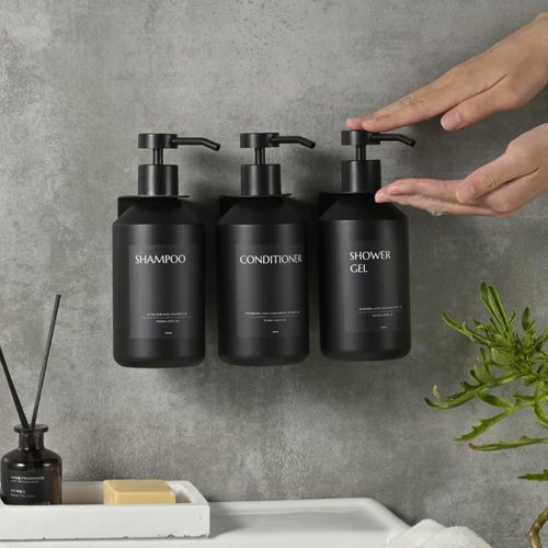 JANXIN Shampoo and Conditioner Dispenser Set of 3 for Wall Mount,16.9 fl oz Drill Free Shower Soap Bottles with Labels,Refillable Body Wash Dispensers for Bathroom Decor (Black Bottles +Black Pumps)