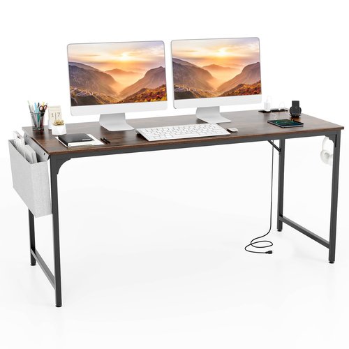 COSTWAY Home Office Desk, 32 Inch Computer Desk with Recessed Power Strip, Storage Bag & Headphone Hook, Wide Desktop, Modern Computer Workstation Writing Table for Home, Office (Rustic Brown + Black)