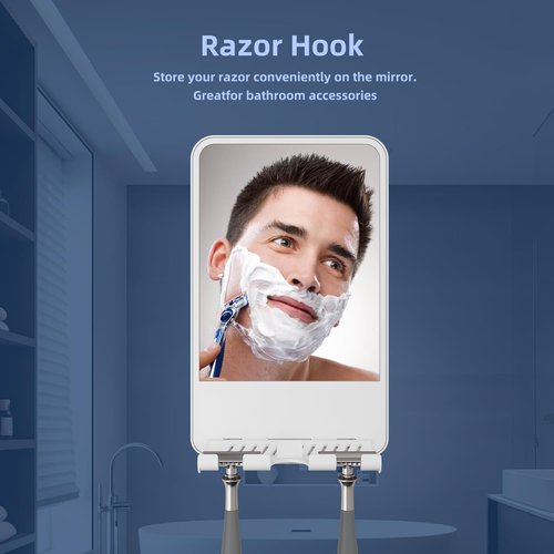 Infitrans Shower Mirror for Shaving Fogless with Multifunctional Storage for Razor and Shaving Foam Canister, Adhesive or Screw Optional Installation,Adjustable Angle, White