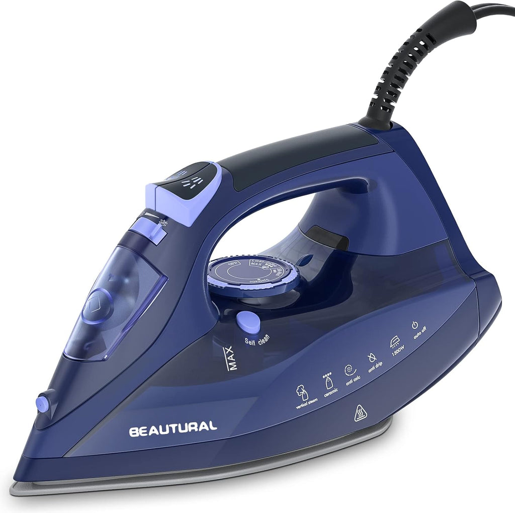 Beautural Steam Iron - Precision Thermostat Dial, Ceramic Soleplate, 3-Way Auto-Off, Self-Cleaning | Blue