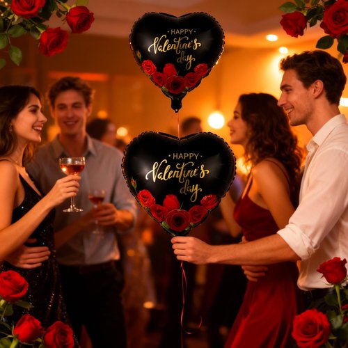 15Pcs Heart Balloons Valentines Party Decorations - 18 Inch Happy Valentine Balloon - Black and Red Heart Shaped Balloons for Valentines Day Decorations - Romantic Night Party Decor