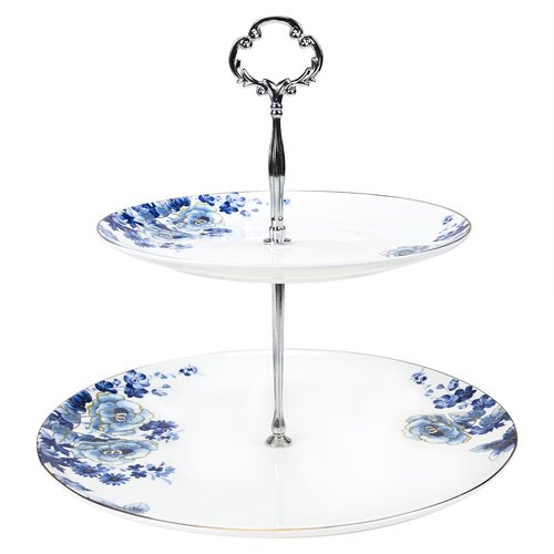 LE POTOCIO 2-Tier Afternoon Tea Stand, Porcelain Cupcake Stand Serving Tray, Blue and White Bone China Cake Stand, Pastry Serving Stand for Tea Party, Wedding and Birthday (LH 2 Tiers)