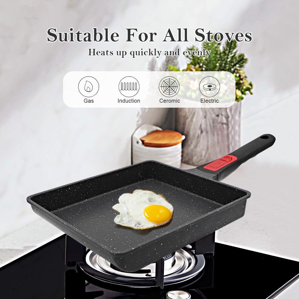 AIKENBBKK Tamagoyaki Japanese Omelette Pan, Japanese Egg Pan, Square Egg Pan Nonstick, Induction-Ready, Detachable Handle, with Silicone Spatula, PFAS & PFOA-Free, Oven Safe, Black, 9" x 8.2"