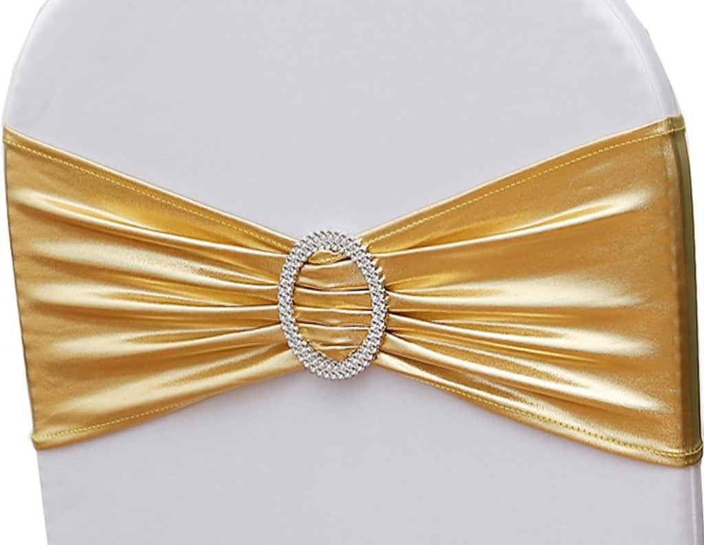 Spandex Gold Chair Sashes - 50 Pack Stretch Chair Bands with Buckles for Wedding & Event Decor - Metal Gold