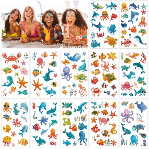 Konsait Ocean Animal Temporary Tattoos - 12 Sheets Sea Life Stickers