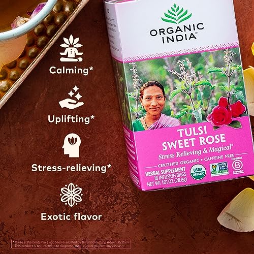 Organic India Tulsi Sweet Rose Herbal Tea - 18 Infusion Bags, Caffeine-Free, Stress-Relief, Soothing Floral Blend (Sweet Rose / 1 Pack)