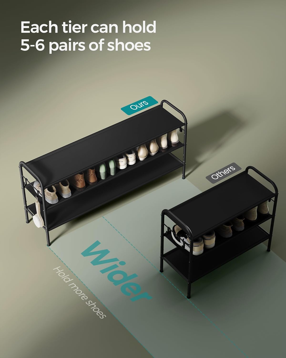 SONGMICS Shoe Rack - 3-Tier Fabric Organizer with 4 Hooks | Holds 18 Pairs, Height-Adjustable, Ink Black