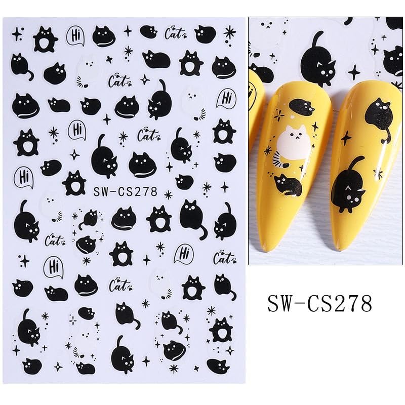 JUNCHAO 3D Embossed Halloween Nail Stickers Black Cat Skeleton Decals