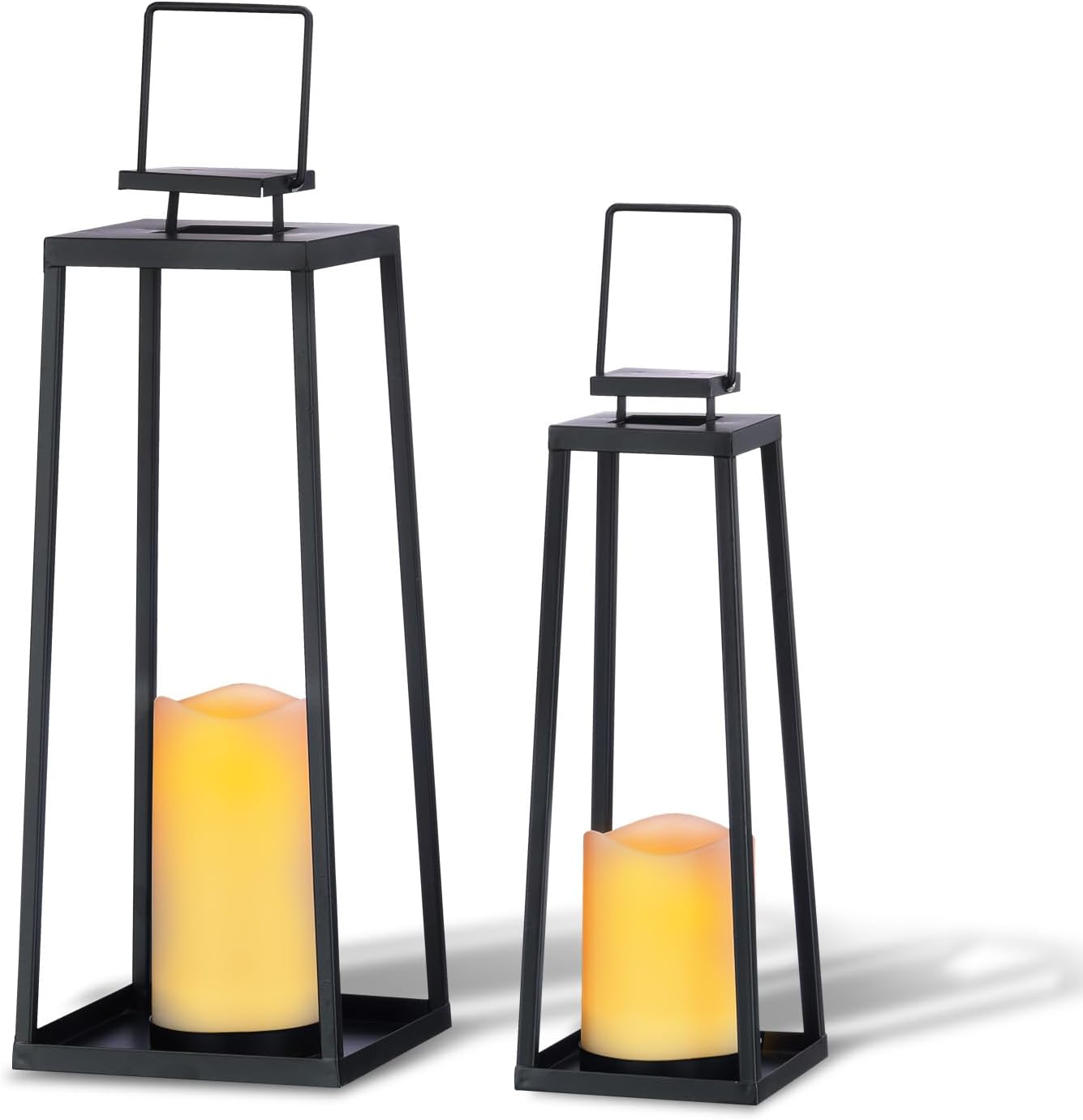 Skiennix Solar Lantern Set of 2 - Modern Black Metal Lanterns with Solar Candles | 18’’ & 15’’ for Outdoor Decor