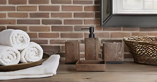 Hymmah Wood Grain Design Bathroom Accessories Set,Farmhouse Bathroom Decor,4 Pcs Resin Gift Set Apartment Necessities, Contain Cotton Swab Jar,Soap Dispenser,Tumbler，Soap Dish/Tray