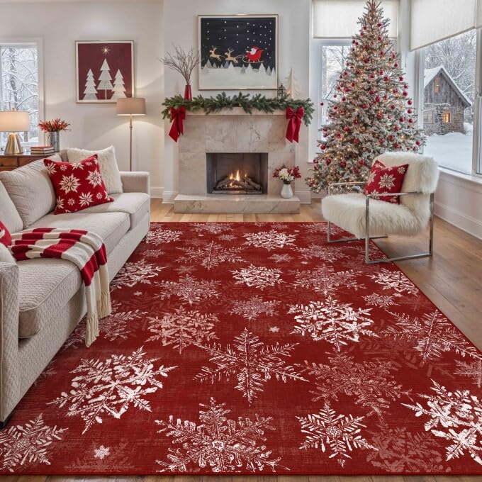 Christmas Area Rug 8x10 Snowflakes Red Non-Slip Holiday Carpet - Festive Home Decor