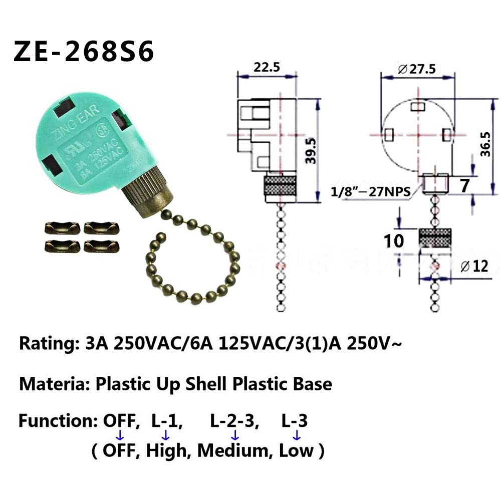 Akahttbn Ceiling Fan Switch Zing Ear ZE-268S6, 3 Speed 4 Wire Speed Control Pull Chain Cord Appliances Switch Replacement Parts Compatible with Hunter Ceiling Fans Wall Lamps (Bronze)