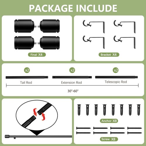 Adjustable Black Curtain Rods by [Brand Name] - 30-60 Inch for 30-54 Inch Windows | 2 Pack with Brackets