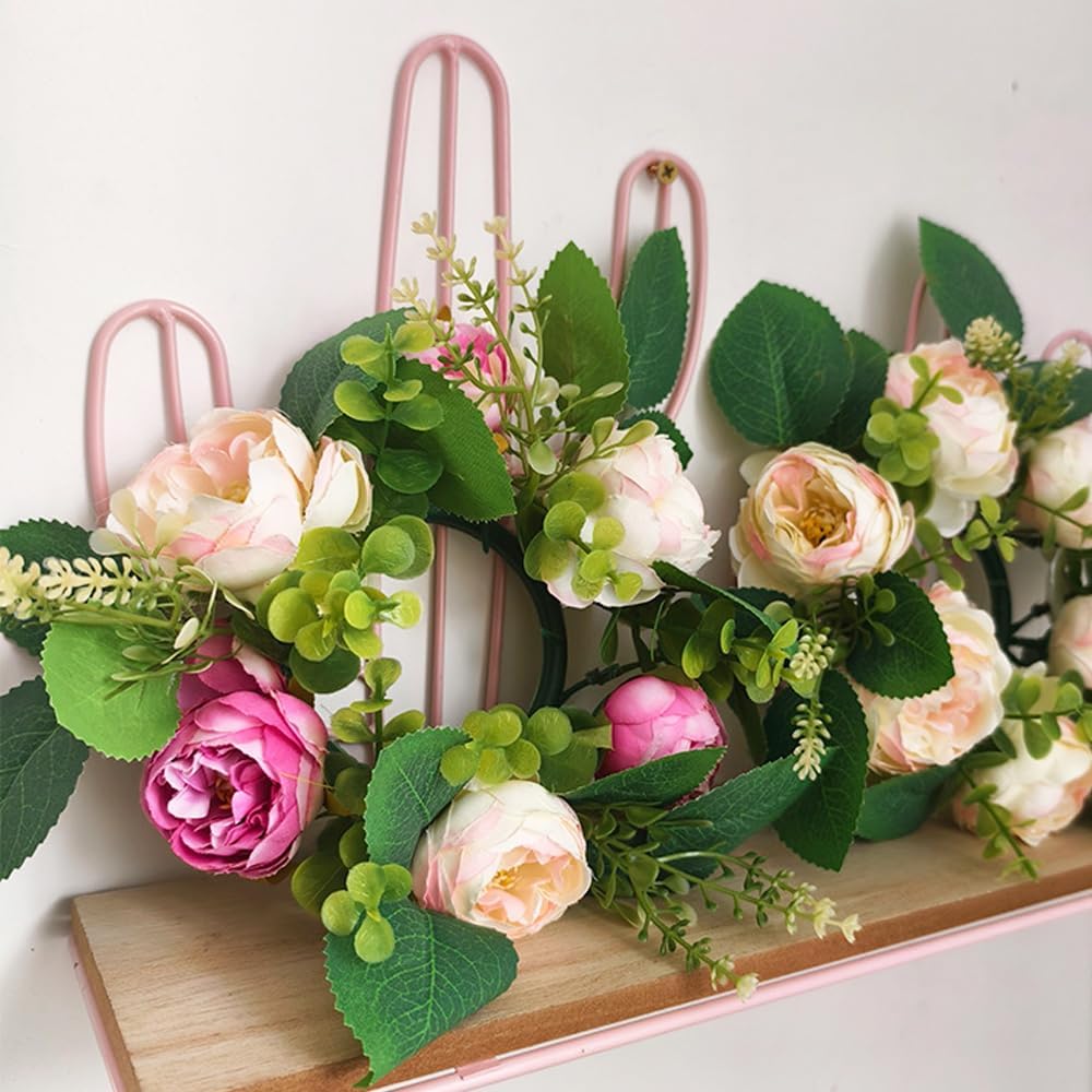 Peony Flower Candle Rings by [Brand Name] - Spring Wreath Centerpieces | 10.2" Pink Artificial Floral Decor