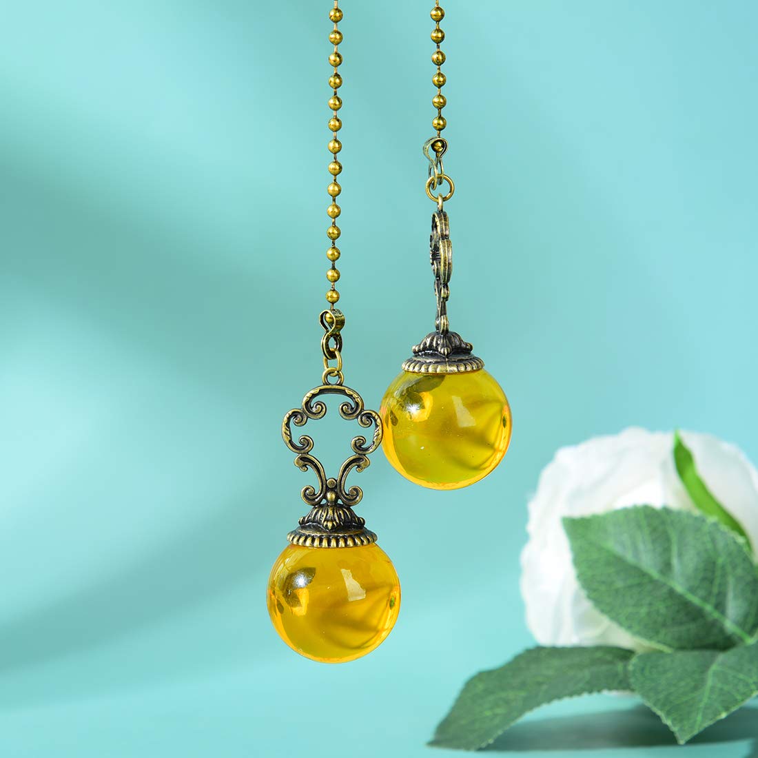 LONGSHENG - SINCE 2001 - Set of 2 Vintage-Style Amber Fan Pull Ceiling Fan Chain Pulls Crystal Ball 12inch Chains for Fan Light