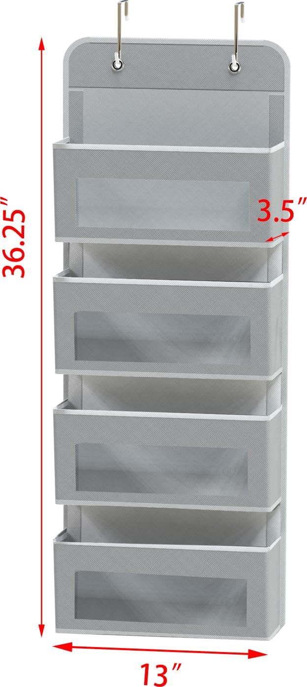 Simple Houseware 4-Pocket Over-Door Storage Organizer - Clear Window Design for Bedroom & Bathroom, Gray