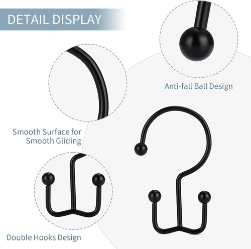 Goowin Shower Curtain Hooks - 12 Durable Rust-Proof Rings for Easy Glide | Black Finish