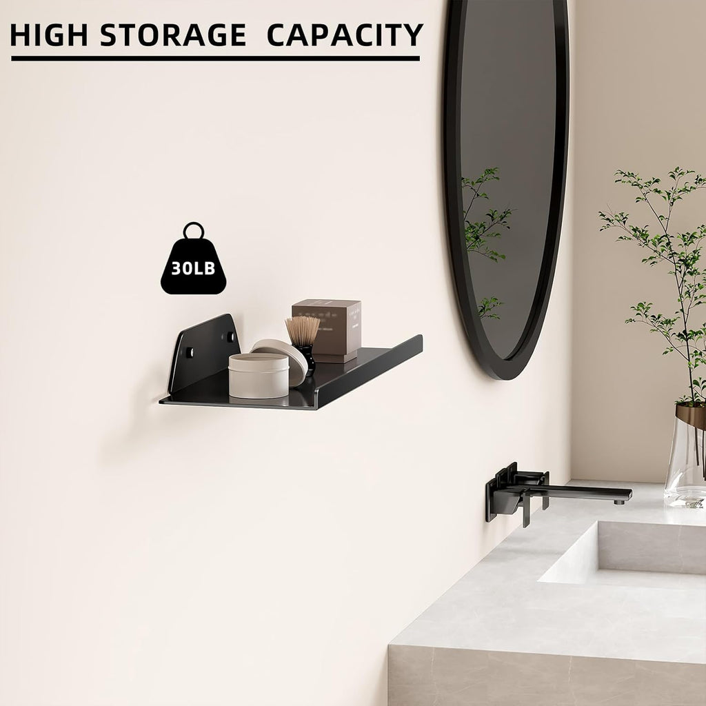 Skiennix Floating Wall Shelf - Modern Off-Center Metal Design for Decor | 12" Black Storage Solution