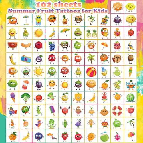 UVUXO 102 Pcs Summer Fruit Temporary Tattoos for Kids Hawaiian Beach Party