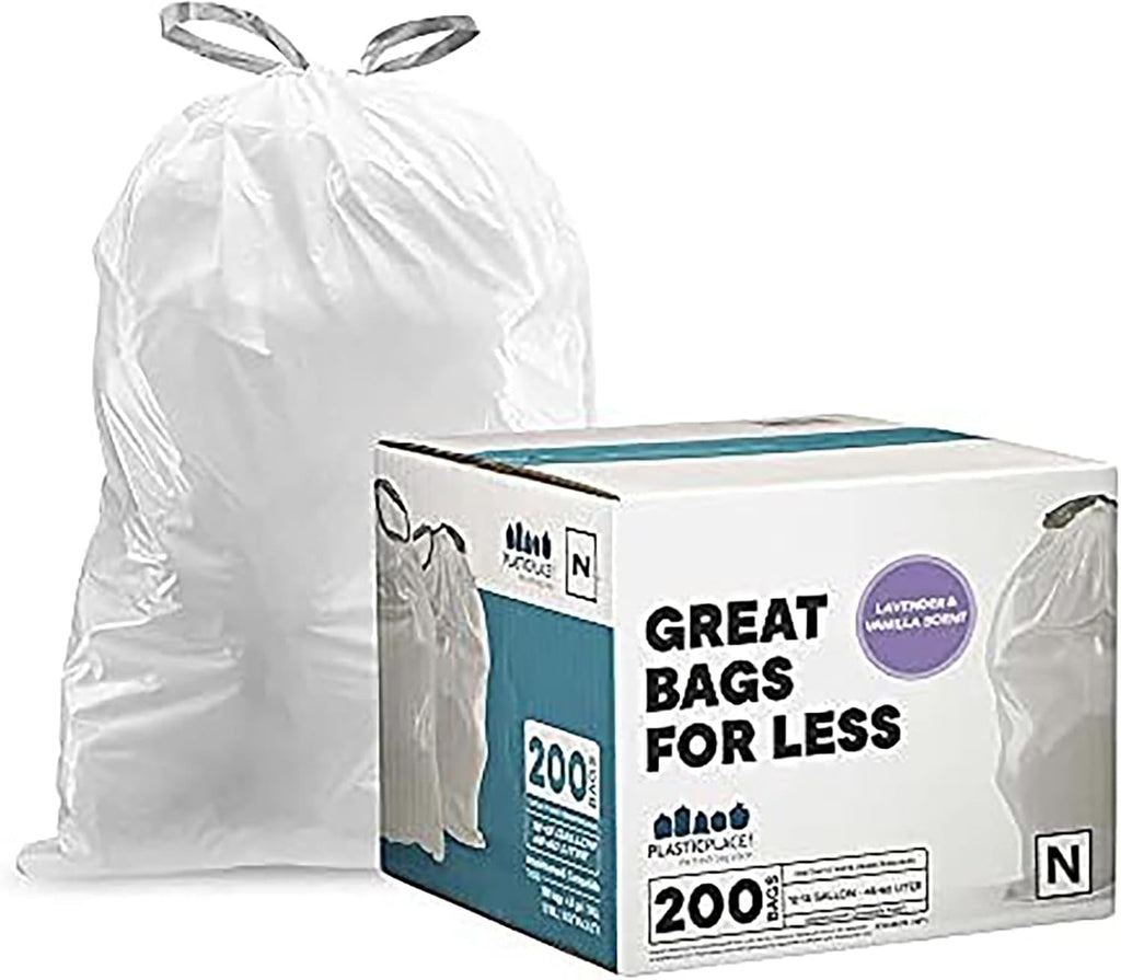 Plasticplace White Drawstring Garbage Can Liners - Lavender & Soft Vanilla Scent | 12-13 Gallon, 200 Count