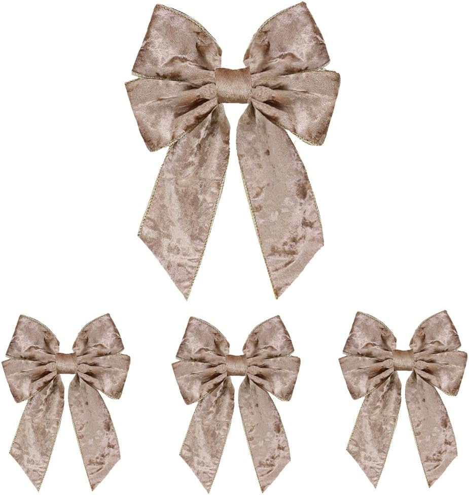 Skiennix Christmas Wreath Bows - 4 Pieces, 7" x 10" Champagne Farmhouse Decor for Front Door & Tree