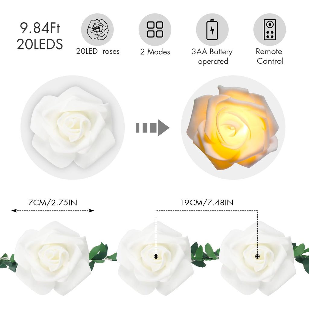 VIPMOON 20LED 10Ft Artificial Rose Flower String Lights, Flower Fairy Light Battery Operated with Remote Control, Warm White String Lights Waterproof for Indoor Outdoor, Party, Wedding, Birthday