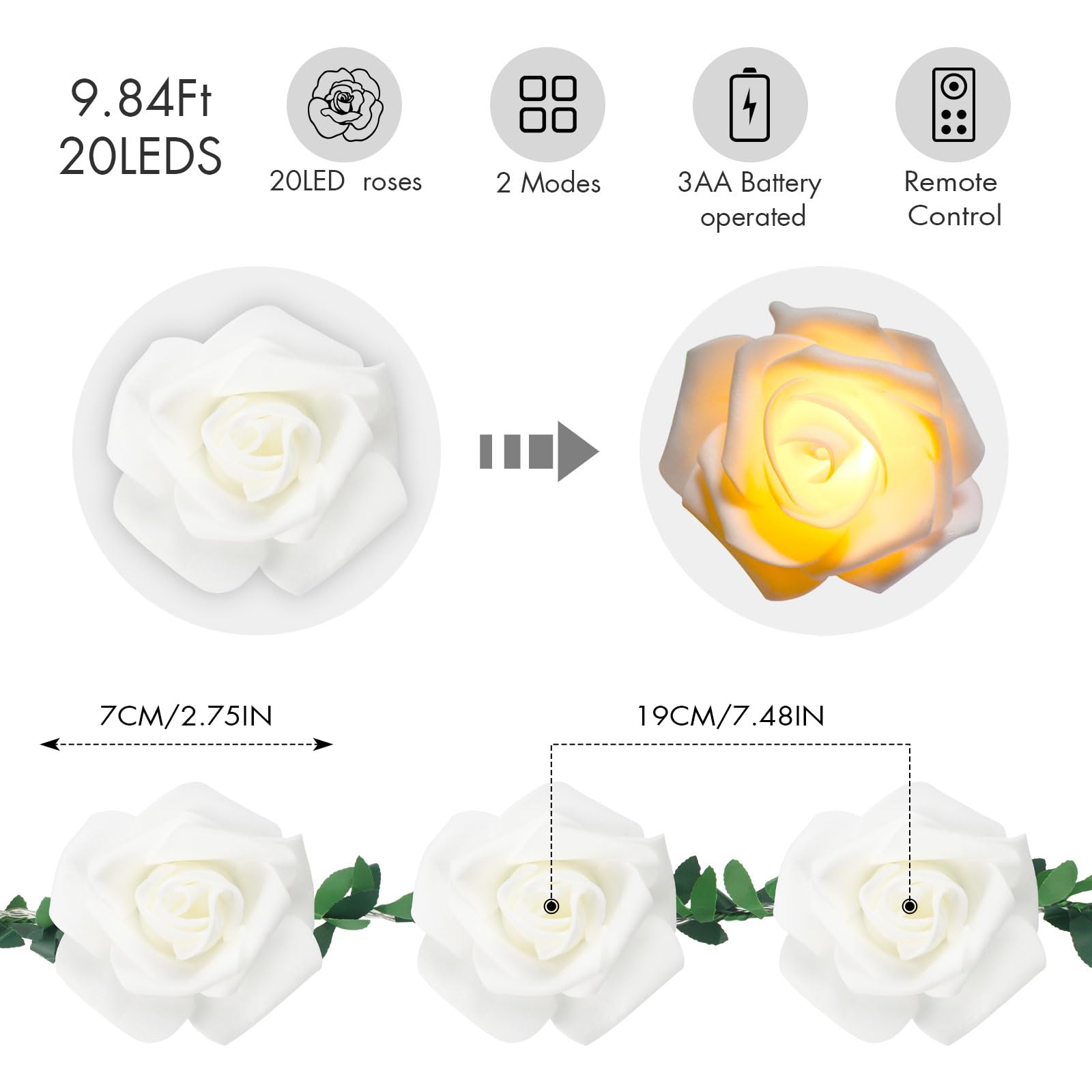 VIPMOON 20LED 10Ft Artificial Rose Flower String Lights, Flower Fairy Light Battery Operated with Remote Control, Warm White String Lights Waterproof for Indoor Outdoor, Party, Wedding, Birthday