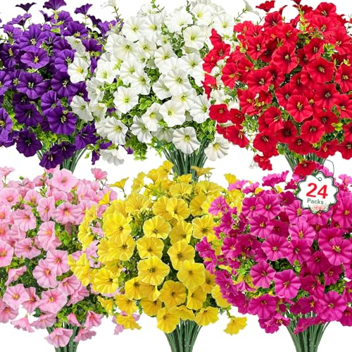 Ouddy Decor 24-Piece Artificial Petunias Set, Multicolor UV Resistant Silk Flowers
