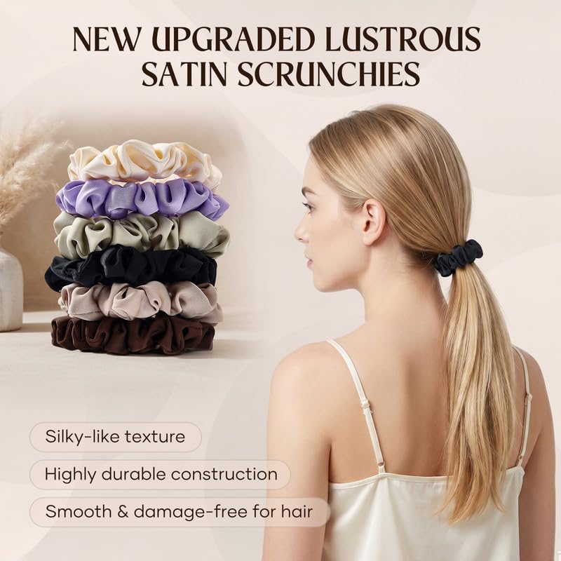 Satin Scrunchies 6-Pack - Gentle Silk-Touch Hair Ties for Women