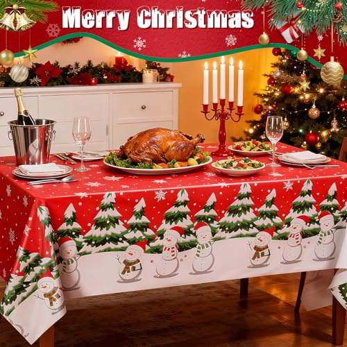 VAIPI 12 Pcs Christmas Plastic Tablecloths - Colorful Snowflakes, Tree & Snowman Designs, Rectangular Holiday Party Cover, Various