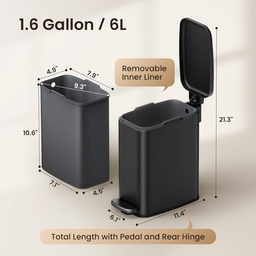 Cesun Slim Bathroom Trash Can - 6L Stainless Steel Wastebasket with Soft Close Lid & Foot Pedal | Black
