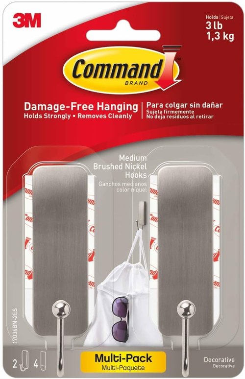Command Medium Brushed Nickel Wall Hook - Damage-Free Hanging for Home Decor | 2 Coat Hooks & 4 Adhesive Strips, Holds Up to 3 lb